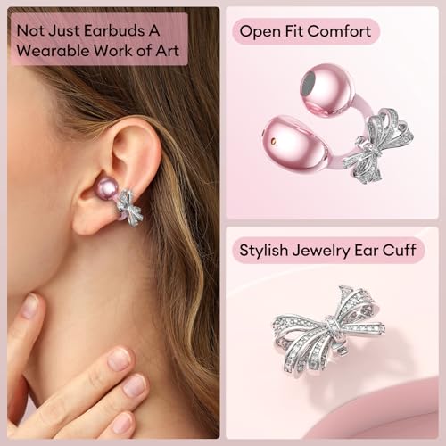 Image of PAXA Stylish Open Ear Clip On Earbuds with Removable Butterfly Earring, Clip On Headphones with LCD Touch Screen, Fashionables Open Ear Headphones for Women, Bow Tie Earring Rose Gold Earbuds M100