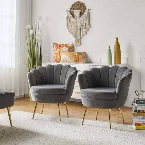 Image of HULALA HOME Modern Velvet Accent Chairs Set of 2 with Shell Shaped Back, Cute Living Room Bedroom Armchairs Sofa Chairs with Gold Legs, Comfy Upholstered Vanity Chairs for Makeup Room, Grey