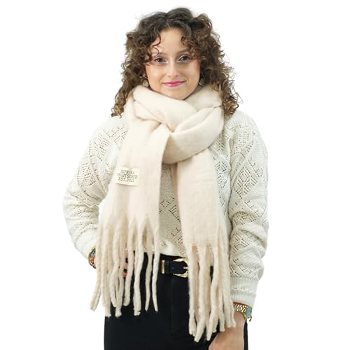 XIFRIKA Bufanda de Invierno con Flecos para Mujer, Color Liso o Cuadros, 100% Poliéster – Suave, Calentita y Perfecta para Uso Diario. 28 colores. Tamaño XXL 248x39cm (Beige Claro)