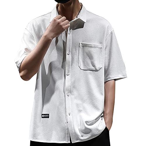 PODOLIXIA Men’s Slim-Fit Short-Sleeve Shirt with Chest Pocket– Lightweight Woven Fabric Waffle Top for Casual/Office Occasions White