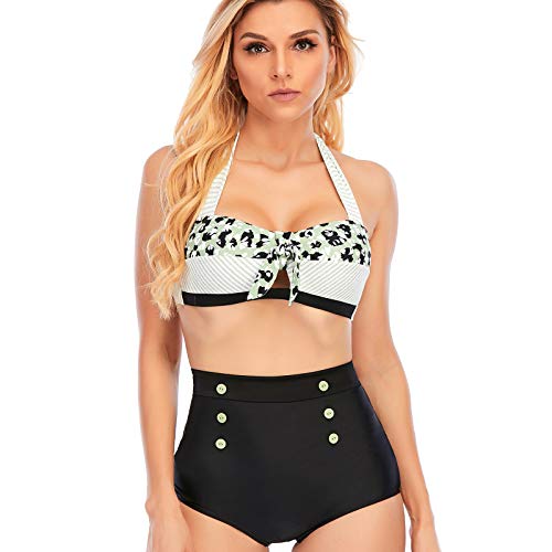kinstell Ensemble bikini taille haute dos nu avec ceinture froncée et dos nu pour femme, #047 Vert, S Cover