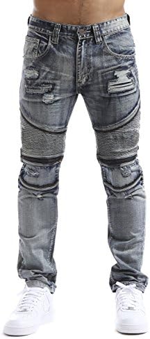 Smoke Rise Men's Slim Straight Rip & Repair Zipper Moto Biker Denim Jean