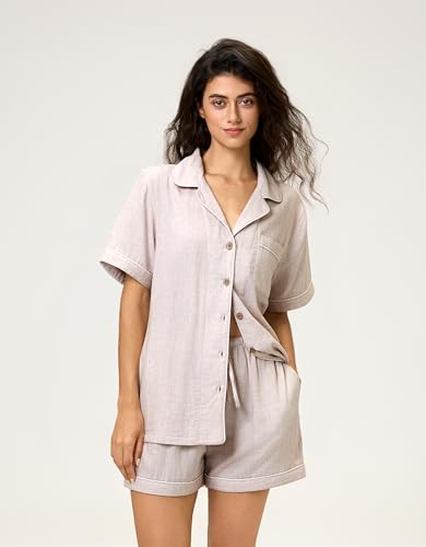 Image of BESTOUCH Womens Pajama Sets: 100% Cotton Muslin Linen Feel | Button Soft Comfy Breathable Classic Sleep Pjs 2 Piece