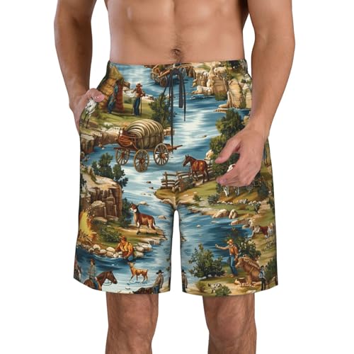 Men's Quick Dry Swim Shorts Cowboys Western Old West Landscape Horses Vintage Beach Trunks with Pockets
