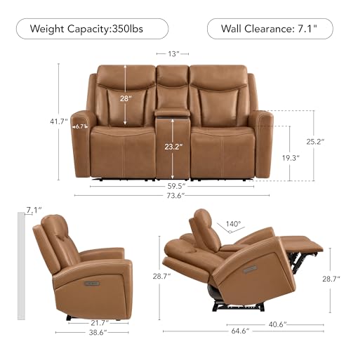 Image of CHITA Zero Gravity Leather Reclining Sofa, Loveseat with Console, Saddle