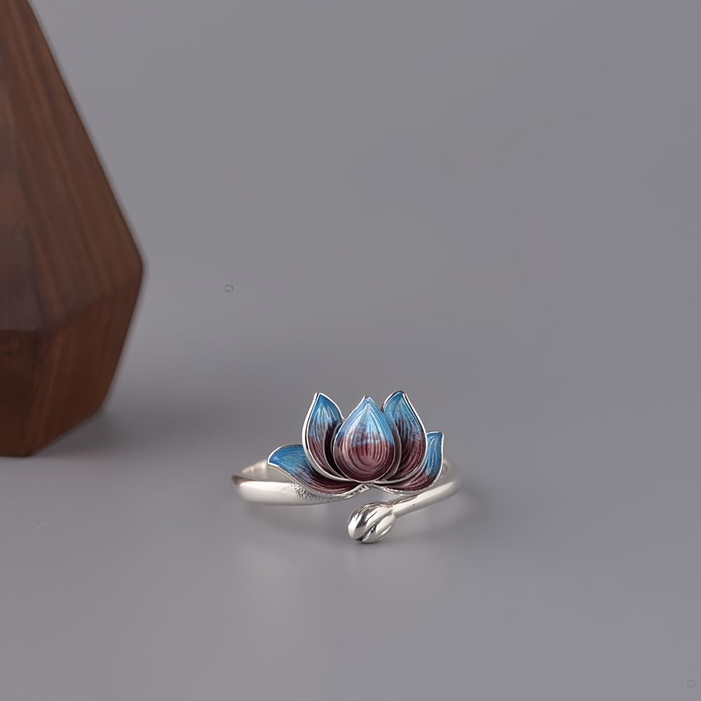 Bague fleur de lotus émail en argent sterling 925 pour femmes filles ouverte réglable