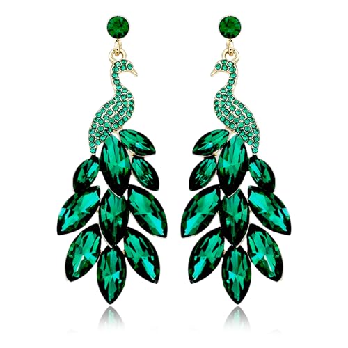 Boucles d'oreille Paon Femmes, Bijoux de Carnaval Boucles, Vert Cristaux Plume Paon Manifest Pendentif, pour Filles Femme Accessoires de Mascarade de Carnaval...