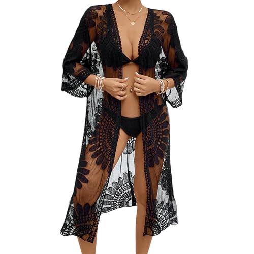 Awoscut Women's Swimwear Cover Ups Summer Long Mesh Swimsuit Bathing Suit Loose Beach Lace Kimono Cardigan Beachwear