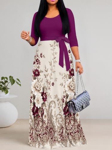 Image of PinkPatty Women's Plus Size V Neck 3 /4 Sleeve Boho Maxi Dress with Pockets