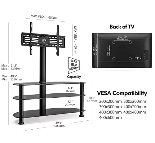 Fitueyes Tall Swivel Floor Tv Stand With Mount 3-Tier Media Stand Flat Panel Height Adjustable Glass Entertainment Stand For 32-65 Inch Plasma Lcd Led Qled Flat/Curved Screen Tv, Vesa 400X600Mm #TOP1
