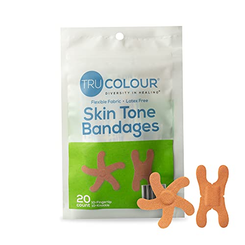 Tru Colour - Knuckle and Fingertip Bandages, Flexible Fabric Adhesive Bandages, Olive Skin Tone Shade, Green Bag, 20 Count Tru Colour - Knuckle and Fingertip Bandages, Flexible Fabric Adhesive Bandages, Olive Skin Tone Shade, Green Bag, 20 Count