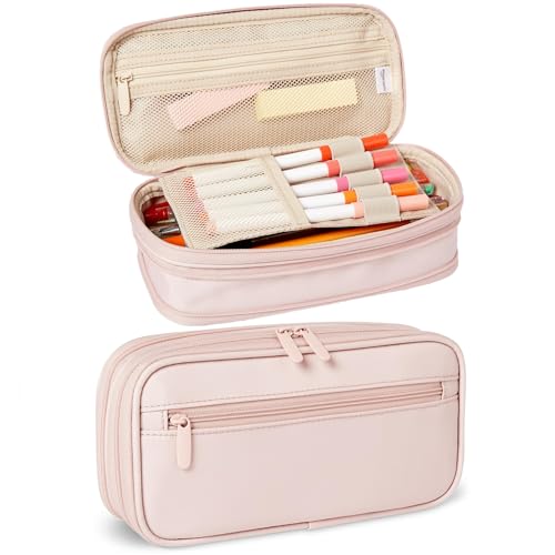 Image of Amazon Basics Large Capacity Pencil Case with Durable Zipper, Multi-Compartment Pouch for School Supplies, Storage Space, Easy to Carry, Rose Mild