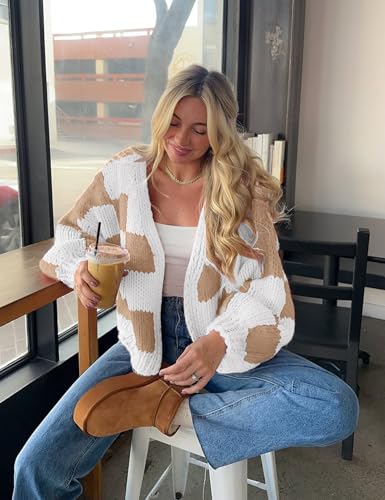 Yimoon Cropped Cardigan Sweater for Women Checkered Open Front Long Sleeve Cardigan Oversized Chunky Knitted Outwear3