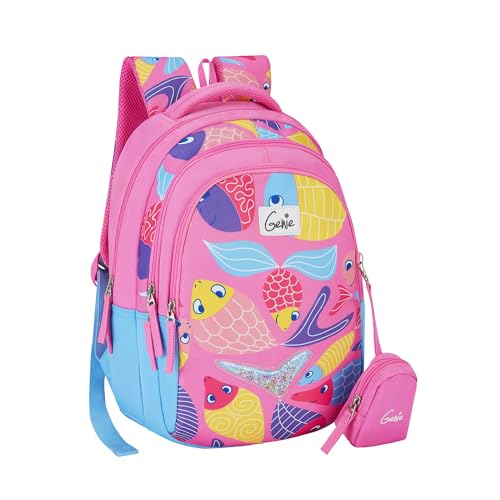 Image of Genie Finley Kids Backpacks, 15 inch Cute, Colourful Bags for Girls, Water Resistant and Lightweight, 3 Compartment with Happy Pouch, 20 Liters, Nylon Twill, Pink