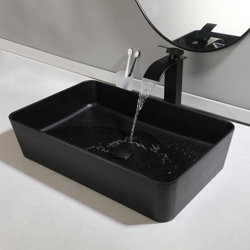 OUBONI Fregadero de resina de piedra con grifo y drenaje, combo de fregadero de baño de 22 pulgadas, color negro mate, rectangular, para baños
