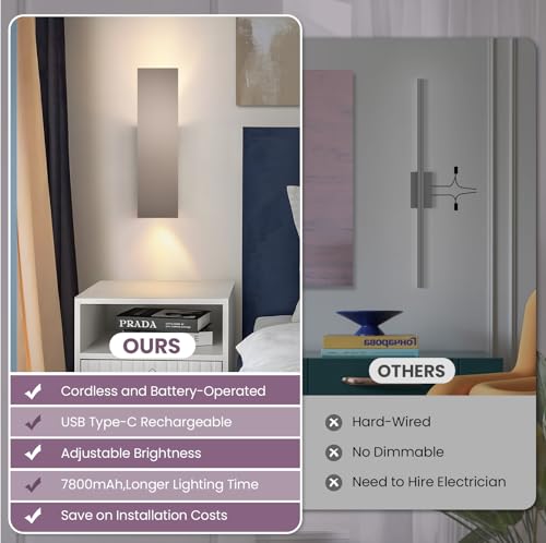 Image of Brushed Nickel Battery Operated Wall Sconces Set of Two,Dimmable Wireless Battery Wall Sconce with Remote,USB Rechargeable LED Wall Lights for Living Room Bedroom Hallway (Brushed Nickel)