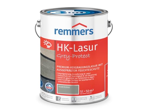 Remmers HK-Lasur 3in1 Grey-Protect silbergrau, 5 Liter, Holzlasur für Vergrauung außen, 3 Holzschutz Produkte in einem, Feuchtigkeit- und UV-Schutz