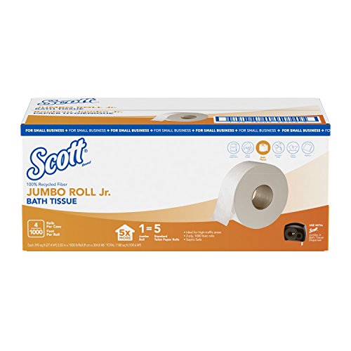 Scott 1000 Jumbo Roll JR. Toilet Paper (49156), 100% Recycled Fiber, 2-PLY, White, 4 Rolls per Case, 1000' per Roll Scott 1000 Jumbo Roll JR. Toilet Paper (49156), 100% Recycled Fiber, 2-PLY, White, 4 Rolls per Case, 1000' per Roll
