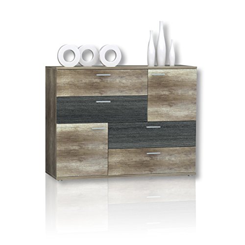 FORTE Skive Kommode mit 2 Türen und 4 Schubladen, Holzwerkstoff, Eiche Antik Dekor und Touchwood Dekor, 124.9 x 41.3 x 95.9 cm