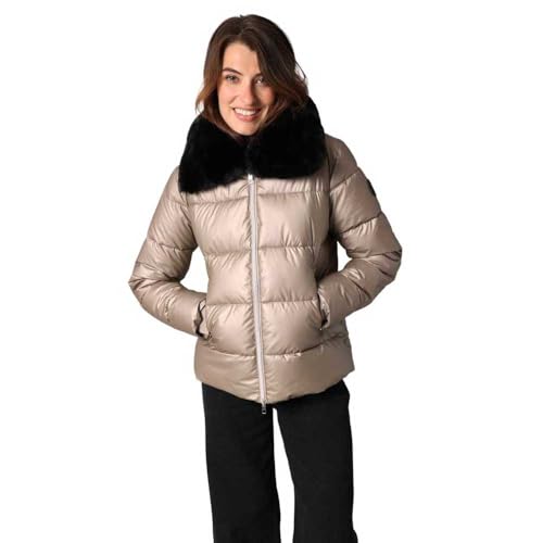 Deeluxe AXIA - Chaqueta de plumas para mujer, corta, moderna, estilo casual y urbano, con cuello alto, cálido, imitación de piel, ultrasuave, 2 bolsillos con cremallera, marrón, M