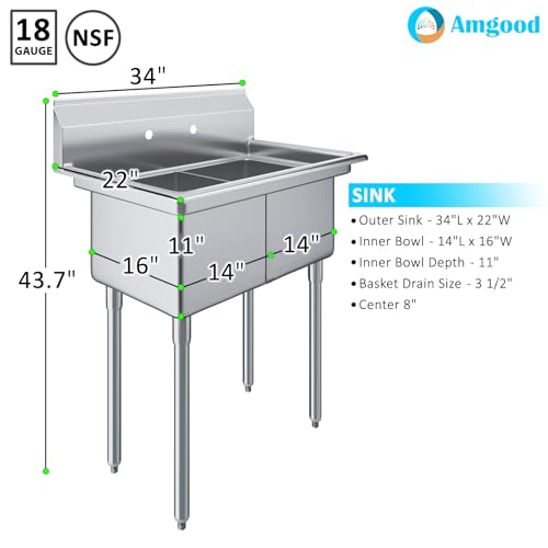 Image of AmGood 22 in. x 34 in. Stainless Steel Two Compartment Sink with 14 in. x 16 in. x 11 in. Bowls