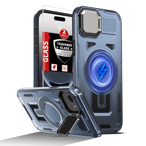 FRLMOOES for iPhone 16E Case Compatible with MagSafe Magnetic Wireless Charging,Built-in Camera Cover Kickstand,with 2 Glass Screen Protectors,Shockproof Scratch-Resistant Heavy Duty Protection Blue by FRLMOOES - Used condition - US$9.31