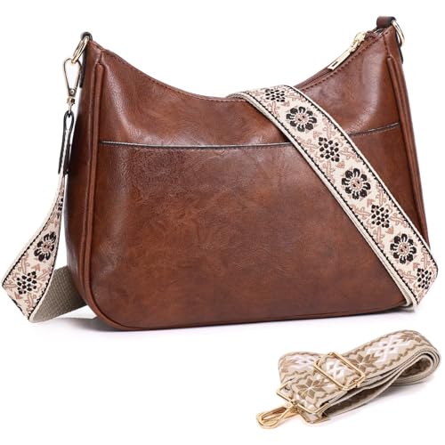 AUYOCO Vegan Leather Crossbody Bags for Women, Crossbody Purse with Guitar Strap Zipped Pockets Handbag Shoulder Bag