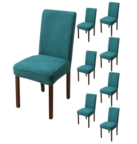 Image of House of Quirk Elastic Jacquard Chair Cover Stretch Removable Washable Short Dining Chair Cover Protector Seat Slipcover (Pack of 8, Teal)