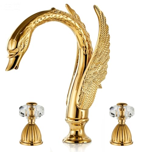 Swan Crystal Gold 3 Hole Vanity Brass 2 Handles 8 inch Cool Copper Widespread Unique Bathroom Sink Faucets Ornate Restroom Taps Fixtures 3 Pieces Bird Style Faucets (3 Hole Golden)