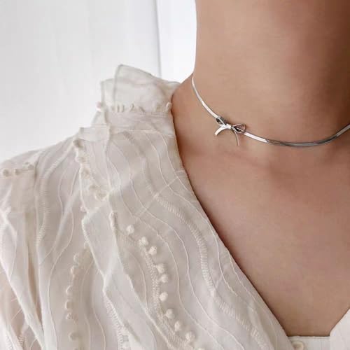 Rrdaily Fashion Bow Necklaces for Teen Girls 18k Gold Silver Dainty Snake Bone Necklace Titanium Steel Bowknot Bow Tie Titanium Steel Jewelry Gift for Women2