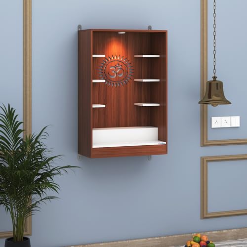 Image of Anikaa Niketana Wooden Wall Mount Mandir for Home | Pooja Temple with LED Light, Om Back Panel & 6 Shelves | Hindu Wooden Temple for Home & Office Decoration | Walnut /White (DIY), Size(32x20x8 Inches)