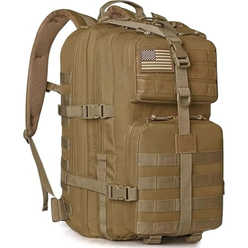REEBOW GEAR Military Tactical Backpack for Men Large Army 3 Day Assault Pack Molle Hiking Daypack Bag (Brown-Tan)