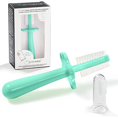 grabease Double Sided Toothbrush - Baby Toothbrush for 6 Months to 4 Years Old with Soft Bristles - BPA-Free Toddler Toothbrush with Anti-Choke Guard - Includes Free Finger Brush, Mint Cover