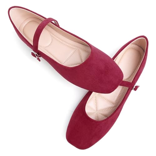 Stunner Women's Mary Jane Ballet Flats Fashion Square Toe Ankle Strap Flats Comfortable Casual Slip On Dress Shoes Wine red 38(7) 22