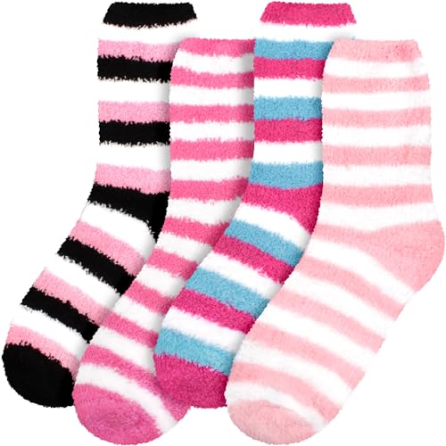 BambooMN Women's Super Soft Warm Microfiber Fuzzy Cozy Home Stripe Socks - Assortments2