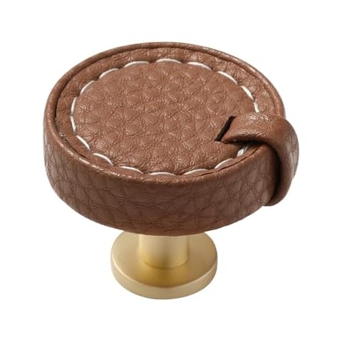 JIASENBAO Brown Leather Drawer Pulls 5 Pack Round Leather Dresser knobs Pulls for Kitchen Drawers Bathroom Dressers Cabinet Knobs Cover