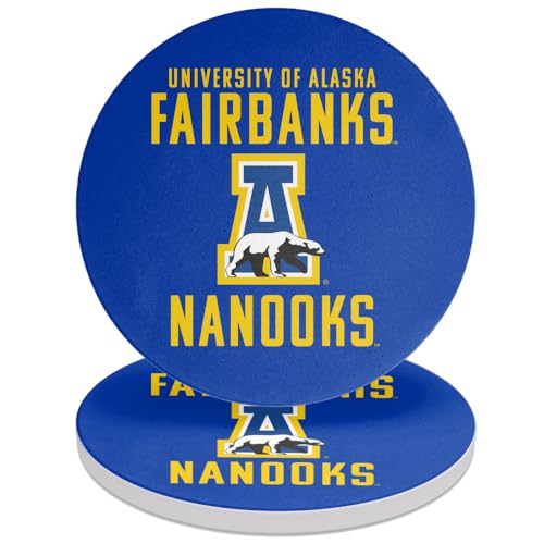 University of Alaska, Fairbanks Nanooks Logo Round Ceramic Coasters, Set of 2, 3.9" Ceramic Stone & Cork Base