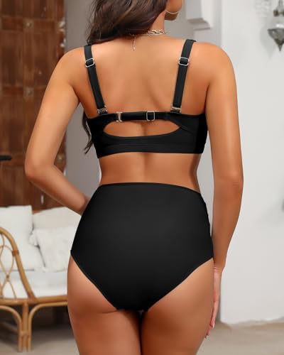 Women's Twist Front Full Coverage Swimsuit V Neck Padded High Waisted Ruched Bikini Set Two Piece Bathing Suit3