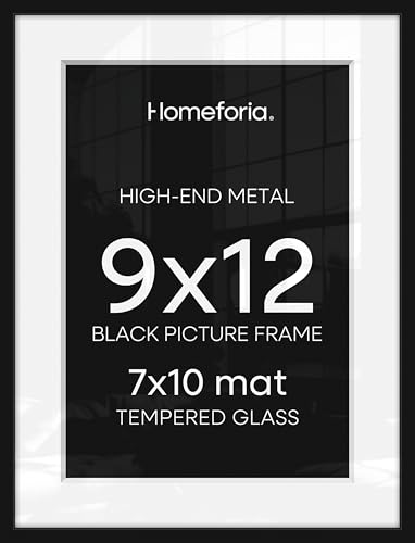 Image of Homeforia 9x12 Black Picture Frame, High-End Metal, 7x10 Mat, Glass | High End Aluminum, Tempered Glass, Acid-Free 7x10 Removable Mat, 9x12 in Edge-to-Edge Display 12x9, Wall Kit, Set Of 1