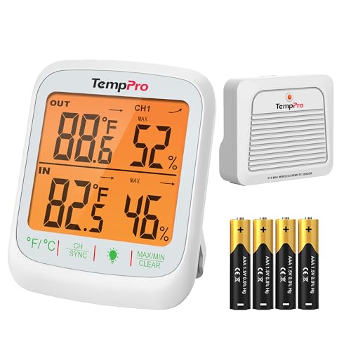 TempPro TP260B Indoor Outdoor Thermometer Wireless 1000FT Range, Digital Hygrometer Humidity Meter with Remote Temperature Sensor, Inside Outside Thermometer for Home Patio Room (Previously ThermoPro)