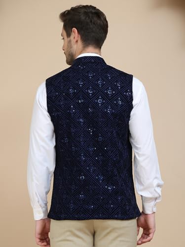 Image of Men's Sequins Velvet Nehru Jacket (Navy Blue, XL)