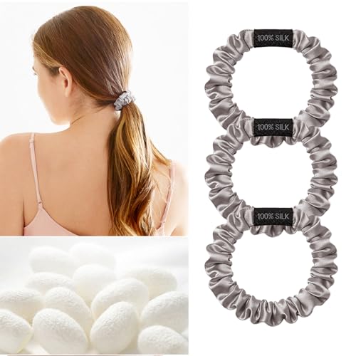 Image of THXSILK 100% Mulberry Silk Scrunchies 3-Pack, 25 Momme Mulberry Silk Hair Ties for Women, Sleek Low Profile No Damage Ponytail Holders, for Fine Hair & Everyday Use, Grey