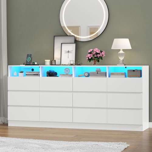 Image of Loomie 12-Cell Divided Drawers White Dresser with Charging Station & Led Lights for Bedroom, Long 63 inch Wide Dresser TV Stand for TVs up to 75 inch, Large Dressers Organizer with 4 Open Cubbies