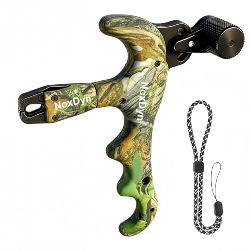 NoxDyn Archery Bow Release for Compound Bow, 4-Finger Adjustable Sensitivity Thumb Release Aid, 360° Rotatable Head for Hunting and Target Practice (Camouflage)