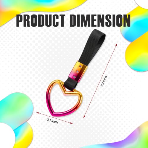 Image of 2PCS Heart Shaped Car Handle Straps, Rear Bumper Warning Keychain Ring for Car Exterior Accessories (Chrome Rainbow Heart - Black)