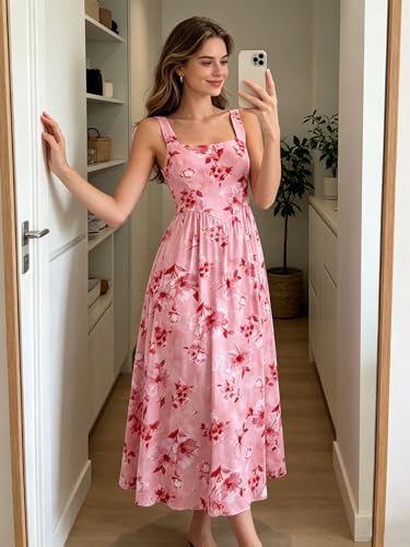 Image of Sureple Midi Dresses for Women 2026 Spring Square Neck Tank Sleeveless A Line Casual Summer Sundresses with Pockets