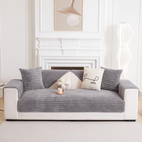 Image of HOMETHREADS 600GSM Thick & Soft Rabbit Fur Plush Sofa Cover-Luxurious Cozy Slipcover, Washable & Pet-Friendly, Anti-Scratch Protector for Sofas (Faux Linning Grey, 2Pc Armrest | 70x50cm)