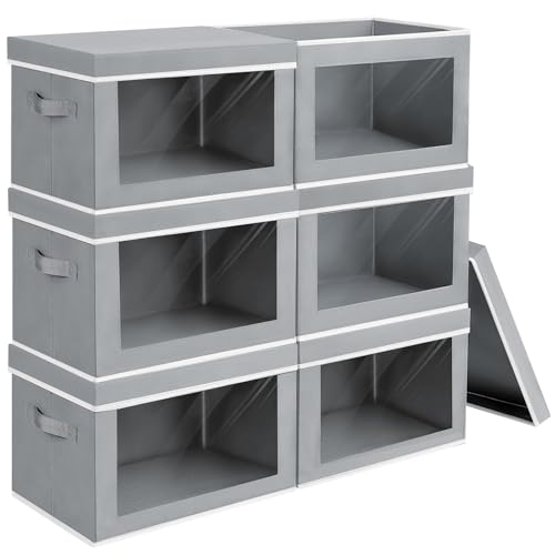 Image of Homsorout Large Storage Bins with Lids - Fabric Storage Cubes with Window, Collapsible Bins for Clothes, 15.7 Inch Large Baskets for Bedroom, Dorm, Office, Grey, 6 Pack