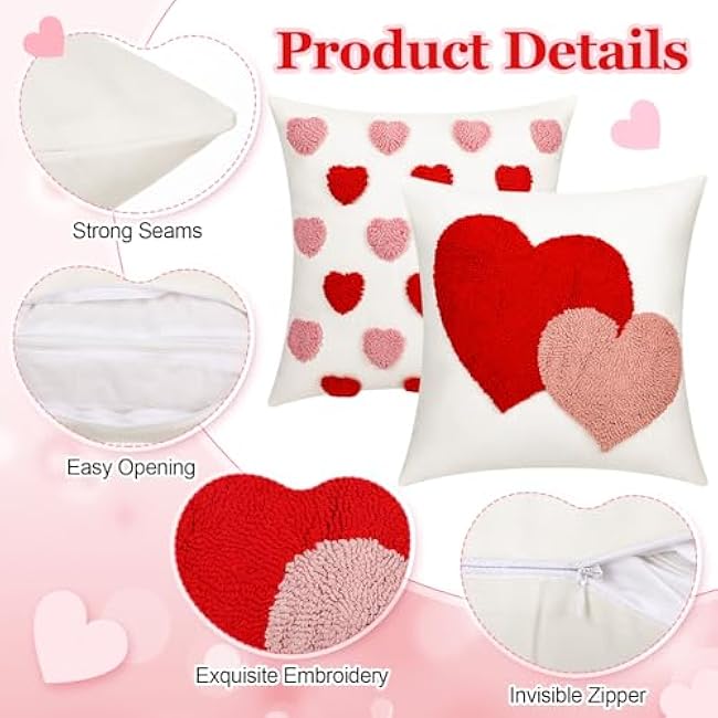 2 Pcs Valentine¡®s Day Throw Pillow Covers 18 x 18 Inch Embroidery Cushion Covers Love Heart Pillow Cases for Sofa Bed Home Indoor Outdoor Decor Valentine Gift Couple Presents
