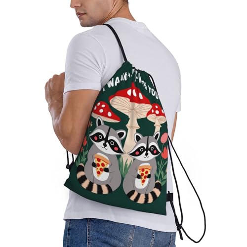 Raccoon Pizza Art Drawstring Backpack Lightweight Sports Gym Bag With Adjustable Shoulder Straps For Fitness Yoga Travel Soccer Volleyball Medium3